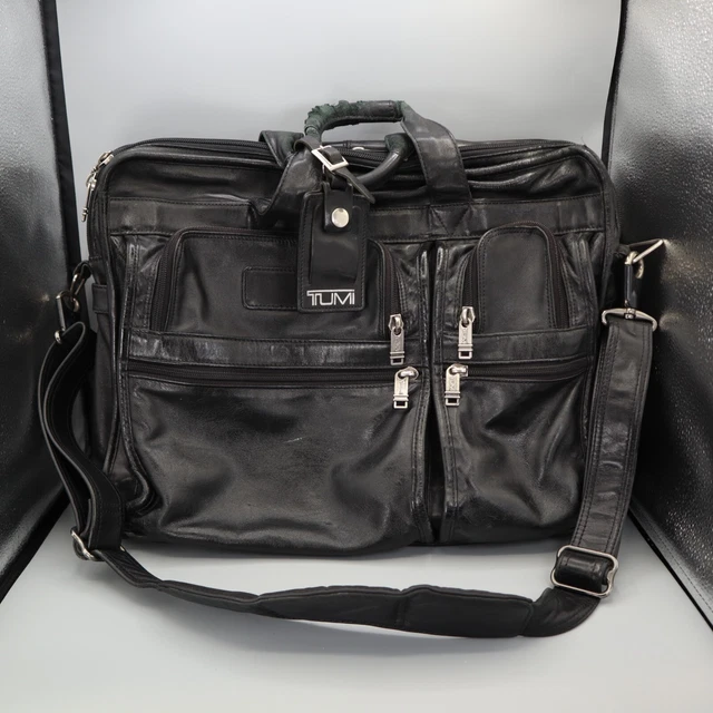 TUMI Alpha Expandable Laptop Bag Travel Messenger Black Leather Shoulder Strap