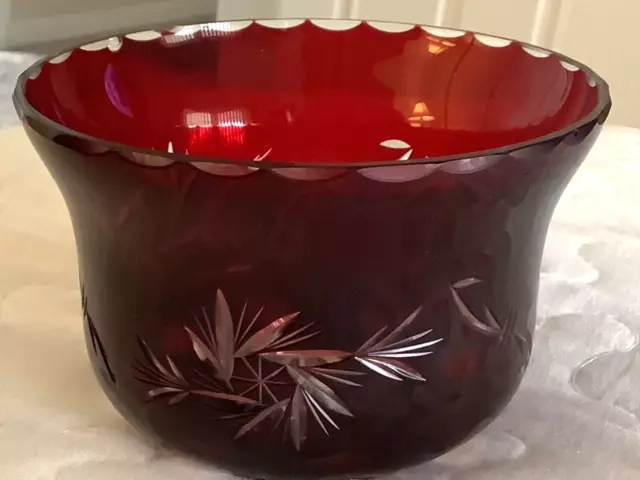 Bohemian Czech Ruby Red Cut To Clear Glass 4.5” Bowl Starbursts & Coin Dots