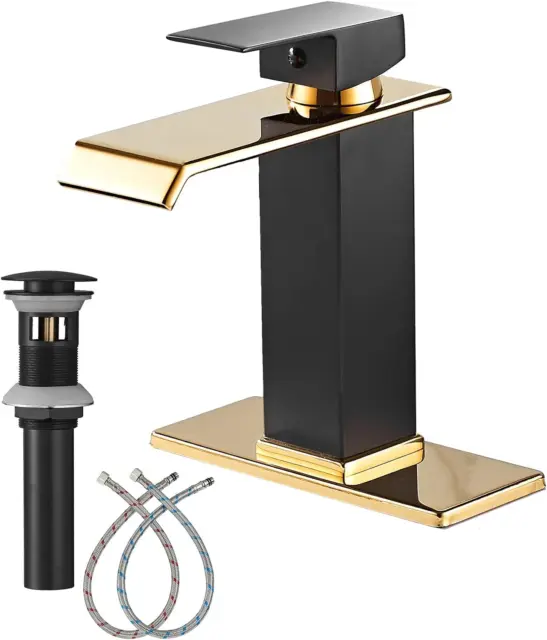Black Gold Waterfall Bathroom Faucet with Single Handle and Overflow Drain