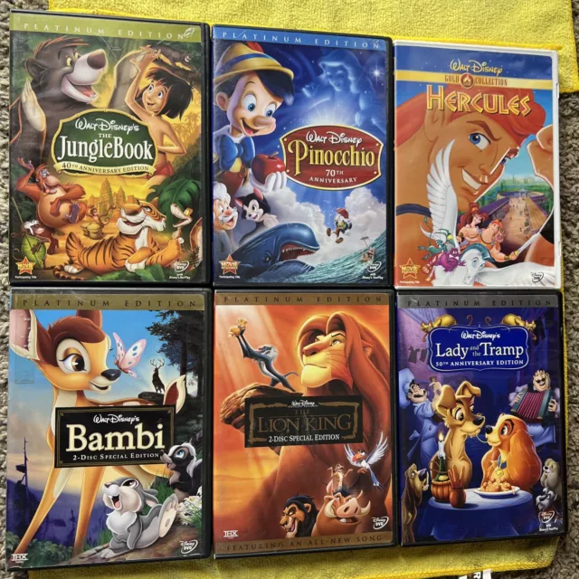 6 Classic Disney Dvds Hercules Pinocchio Bambi Lion King Jungle Book￼ Lady Tramp