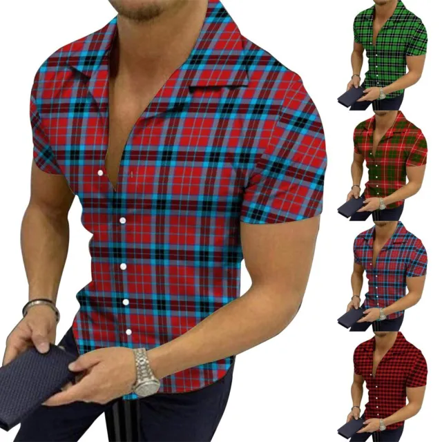 Camicia uomo alla moda maniche corte con bottoni con stampa a quadri e vibrazion