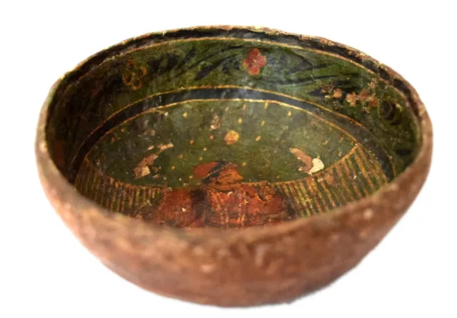 Vintage Indian decor old Handmade Folk Art Painted Paper Mache Bowl. G72-21