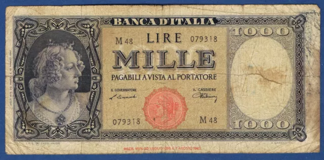 BILLET de BANQUE D'ITALIE.1000 LIRE Pick n° 88.a du 20-3-1947 en TB M 48 079318