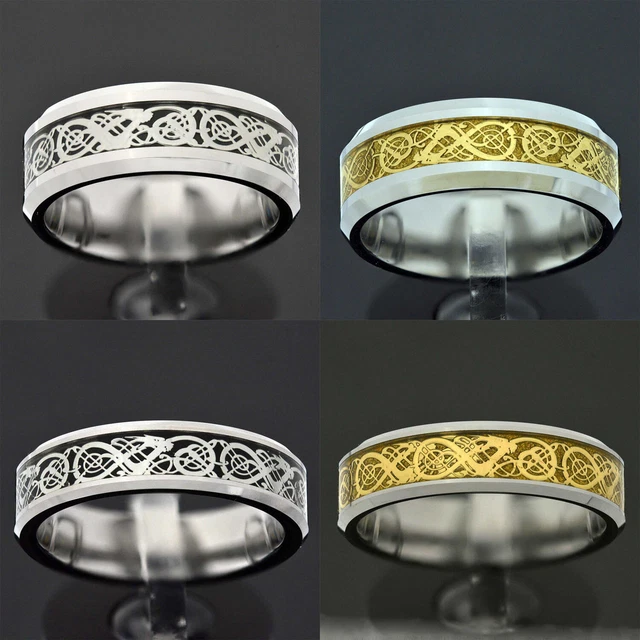 6/8mm White Tungsten Carbide Dragon Celtic Inlay Bevel Men Wedding Ring Band