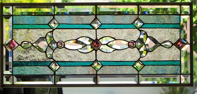 Stained Glass Transom window hanging  28 X 13  incl hooks,