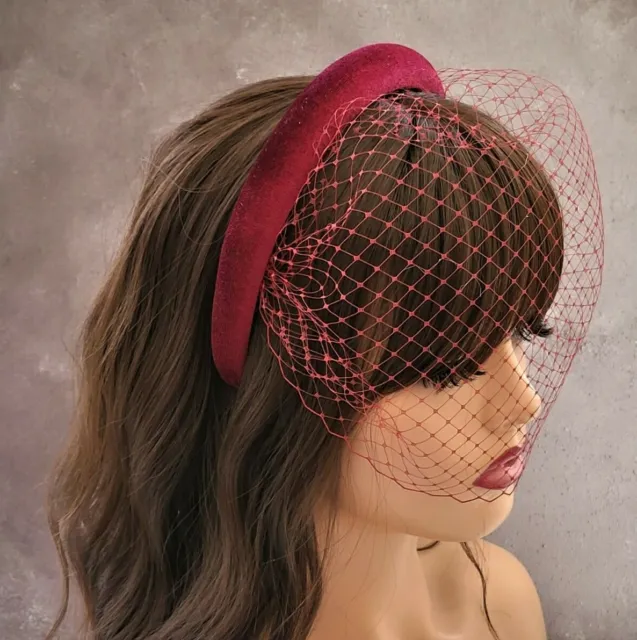 Burgundy Fascinator Headband Padded, Blusher Veil, Races Headpiece, wine red