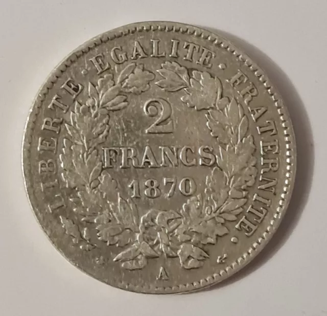 Pièce De 2 Francs Ceres En Argent . Date 1870 A .