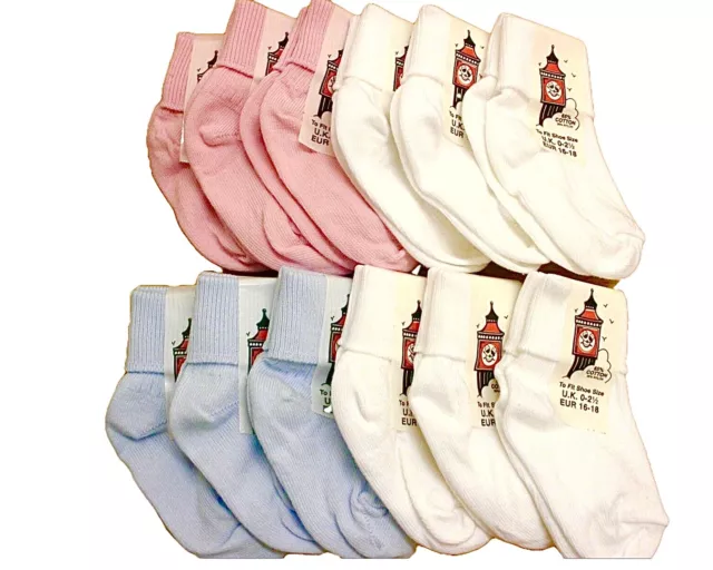 Baby Socks 6 pairs of turn down top ankle boys & girls colours * BUY BRITISH *