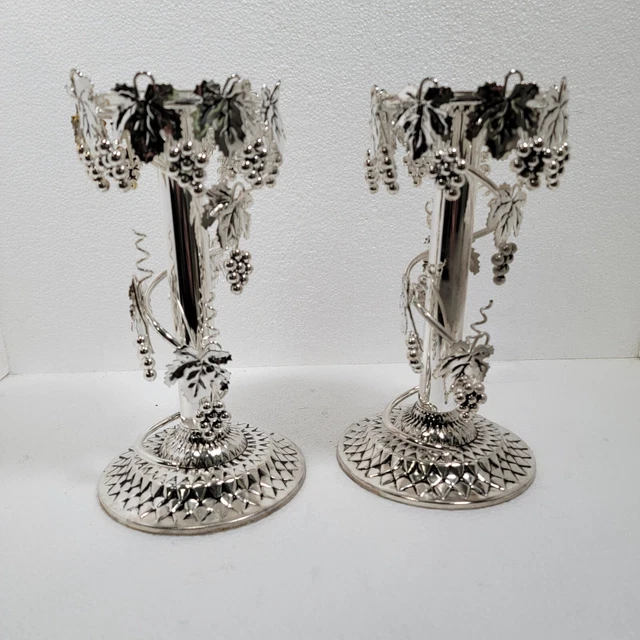 Vintage Silver tone Metal Candlesticks With Grape Motif  Pair Studio Silversmith