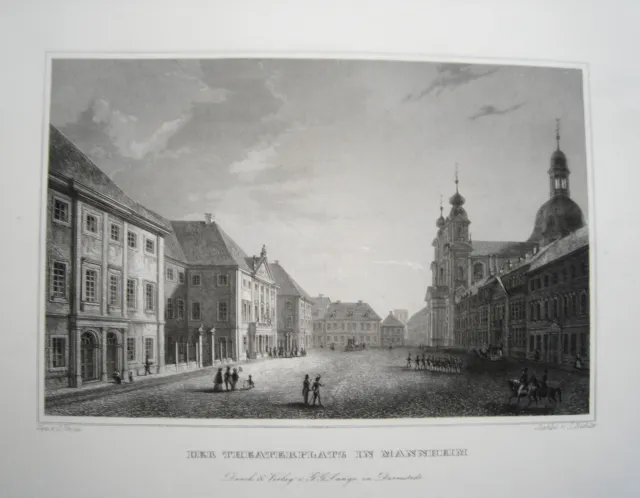 Mannheim Theaterplatz Bellissimo Vero Incisione Acciaio 1842