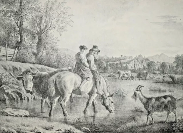 JEAN BAPTISTE LOUIS HUBERT Lithographie CHEVAL Paysage Geneve SUISSE XIX°