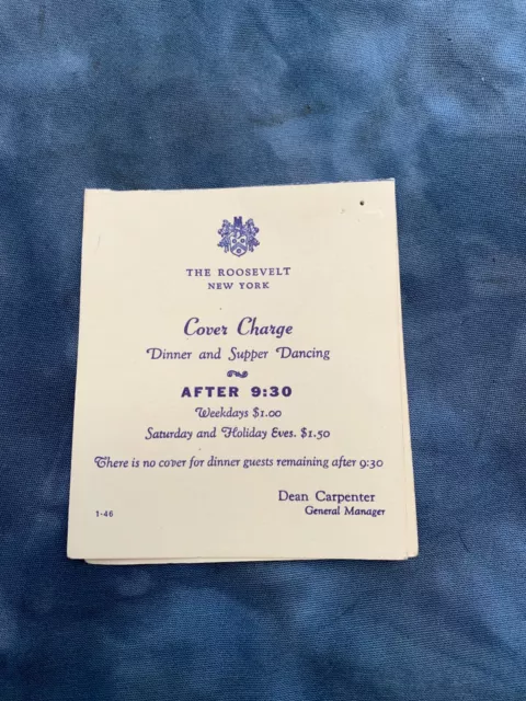 Vintage The Roosevelt Hotel New York Menu 1946 Cover Charge Guest Table Sign