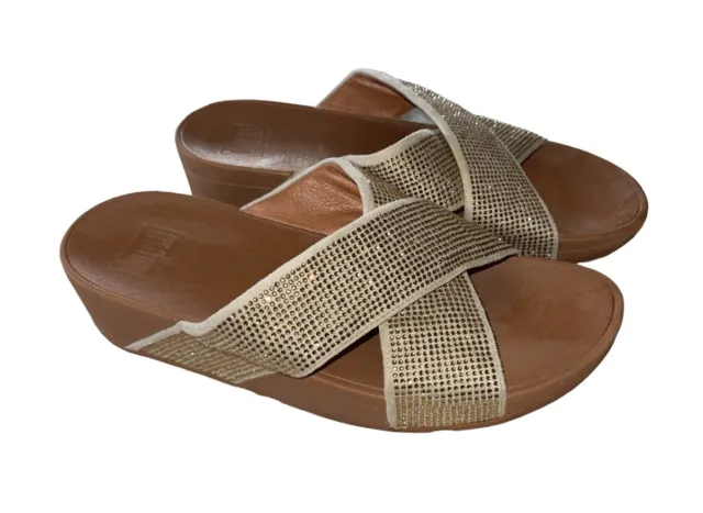 FitFlop wedge comfort sandals Crystal Slide Sandal Shoes Tan Women’s Size 8