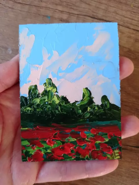 ACEO Flowers Field Painting Original Poppys Landscape Oil Art taille 3,5 x...