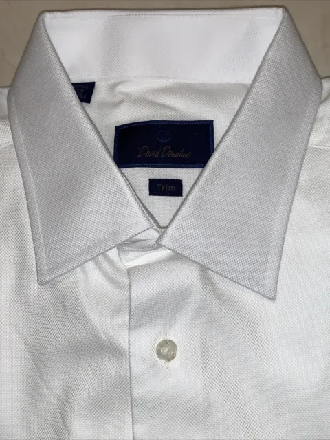 David Donahue Mens White Cotton Trim Fit Micro Dobby Dress Shirt 18/34-35 $155
