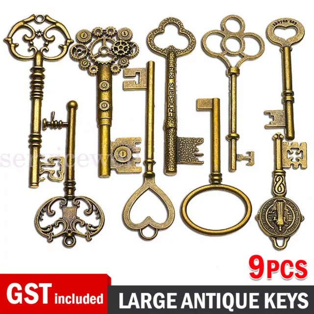 9 PCS BIG Large Antique Vtg old Brass Skeleton Keys Lot Cabinet Barrel Lock AU