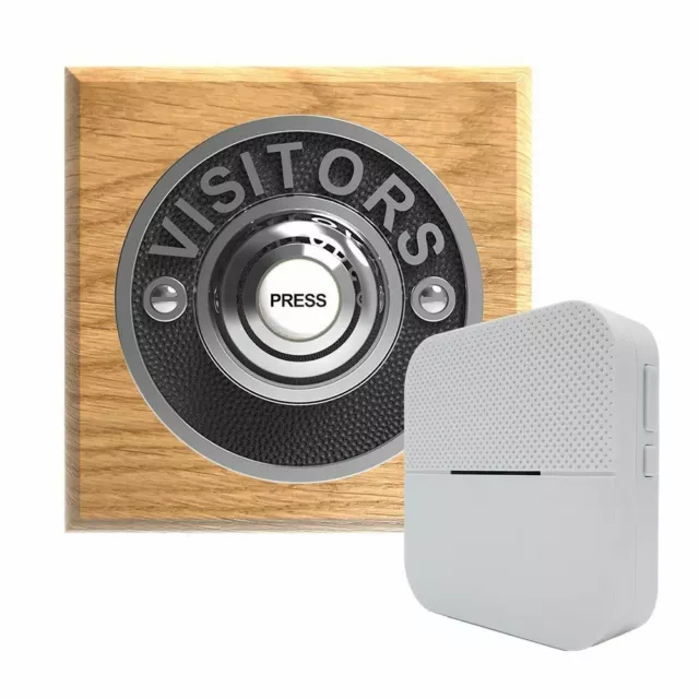 Traditional Square Wireless Doorbell VISITORS in Honey Oak and Chrome