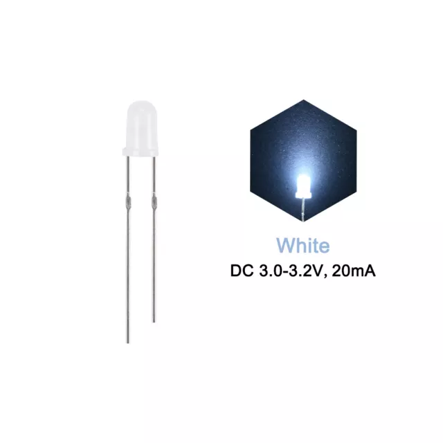 3mm LED Diodos Bombilla Kit DC 3.0-3.2V Difuso Blanco Luz 19mm pin 100 Set 3