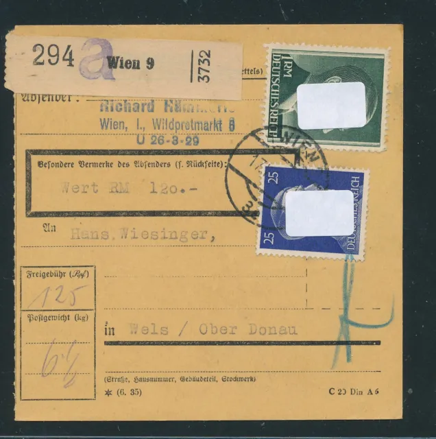 55790) Ostmark, Paketkarte ab Wien 9, MiF 125 Rpf 1942
