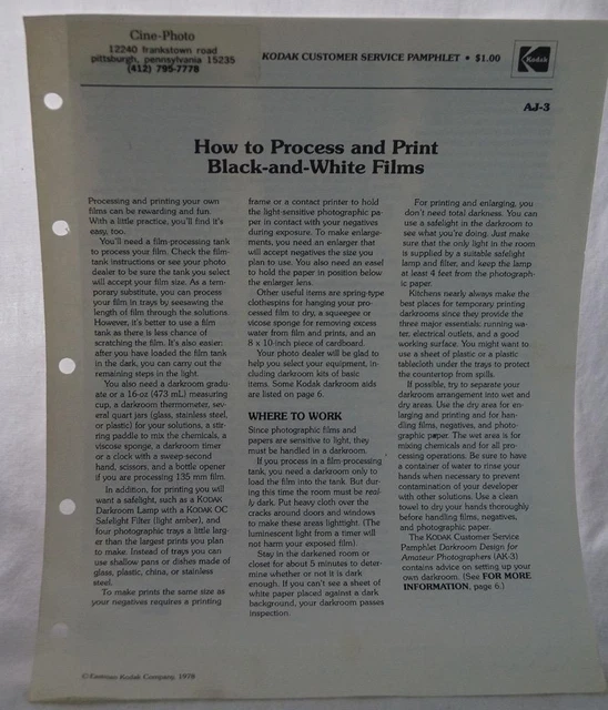 VINTAGE KODAK CUSTOMER Service Brochure Processus Noir et Blanc Films