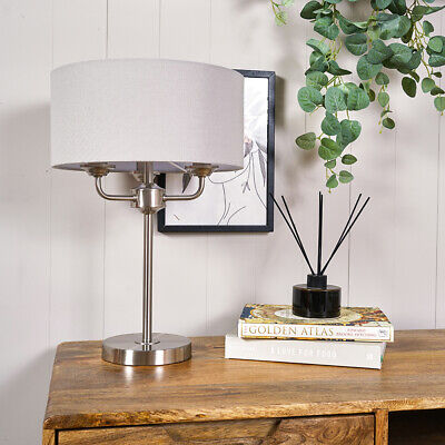 MiniSun Table Lamp - Modern Chrome Reading Light Linen Shade LED Bulb Lighting