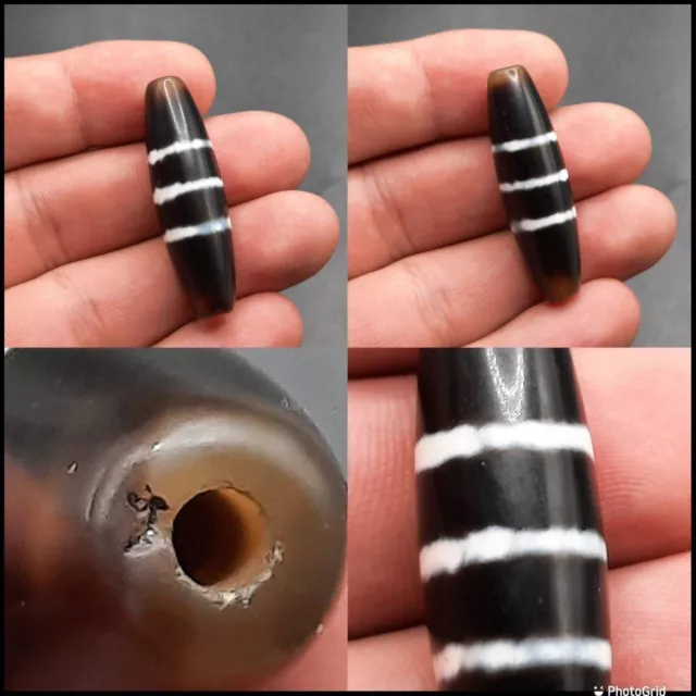 Wearable Ancient Indo Tibetan Himalayan Old Agate Stone Dzi White Stripes Bead