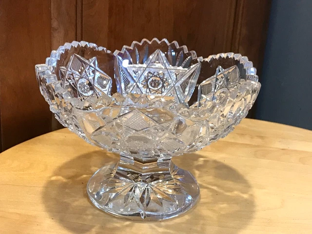 Brilliant Clear Crystal Cut Glass Bowl Pedestal 6"x4" Starburst Diamond Sunburst
