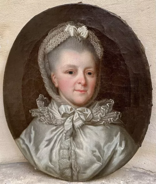 Tableau Ancien 18ème Portrait de Femme Coiffe Tenue Costume Dentelle Peinture