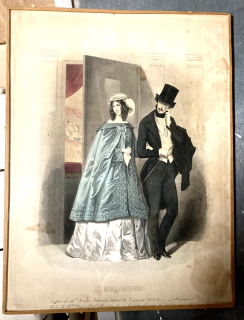 Antique under glass engraving les Modes Parisiennes 1869 n°191 evening outfit