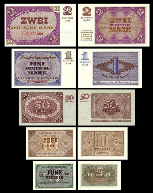 2x 5,10,50 Pfg - 1,2 Mark Bundeskassenscheine  - 10 Banknoten - Reproduktion