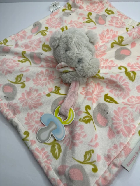 Blankets & Beyond Lovey Gray Bear Pink White Bird Flowers Pacifier Loop Security