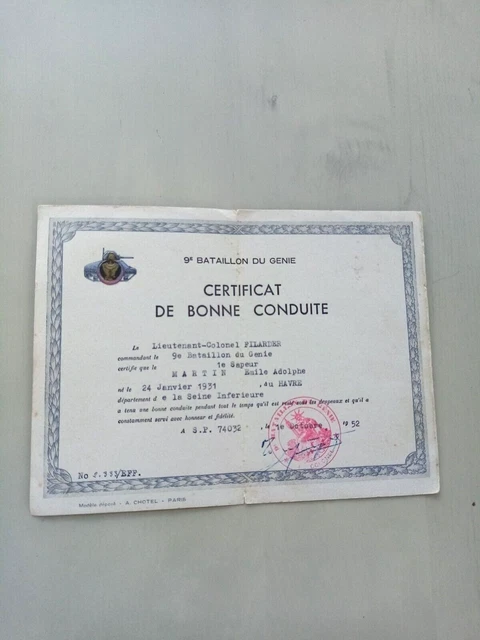 PAPIER MILITAIRE CERTIFICAT DE BONNE CONDUITE 9 éme BATALLION DU GENIE ...