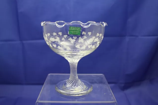 Eamon Glass Irish Hand Engraved Clear Candy/Compote Dish Shamrock Pattern EUC