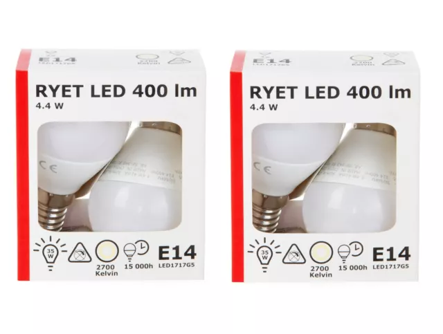 4-er Set IKEA "Ryet" LED-Leuchtmittel E14 400lm 4,4 Watt 2700K rund opalweiß A+