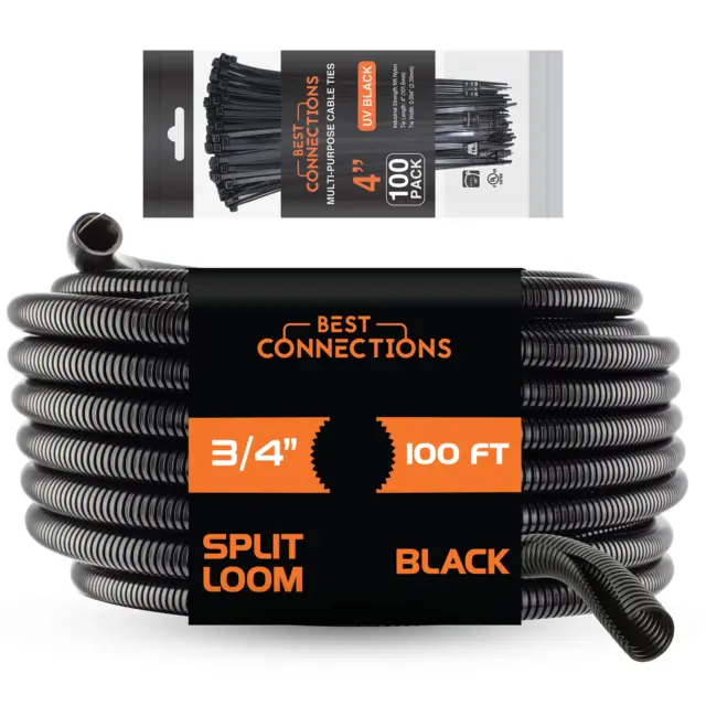 100 Ft 3/4" Split Wire Loom Tubing - 100 Pcs 4" Nylon Zip Ties Combo (Black)