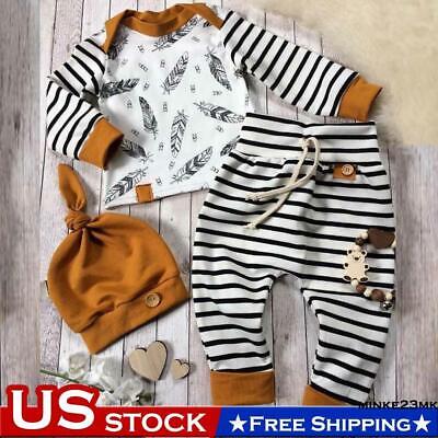 3Pcs Newborn Baby Boy Striped Long Sleeve T-shirt Tops+Pants Outfits Clothes Set
