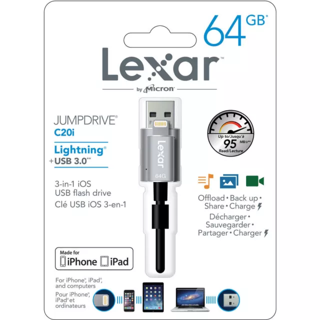 Lexar 64GB JumpDrive C20i Lightning to USB 3.0 Cable with Built-In Flash Drive