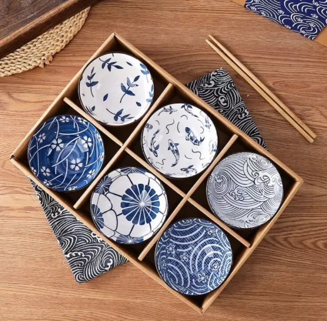 6x 4,5 Zoll blau & weiß kleines Geschenk Reis Nudelsuppe Wüstenkeramik Schalen Set