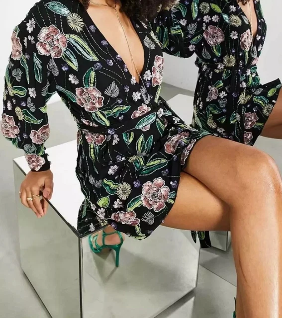 asos edition floral embellished wrap mini dress ASOS Floral Embellished Wrap Mini Dress