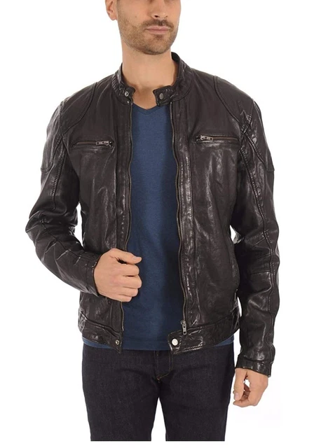 Jacket Leather Biker Motorcycle Men's Mens Lambskin Racer Cafe Vintage Black V19