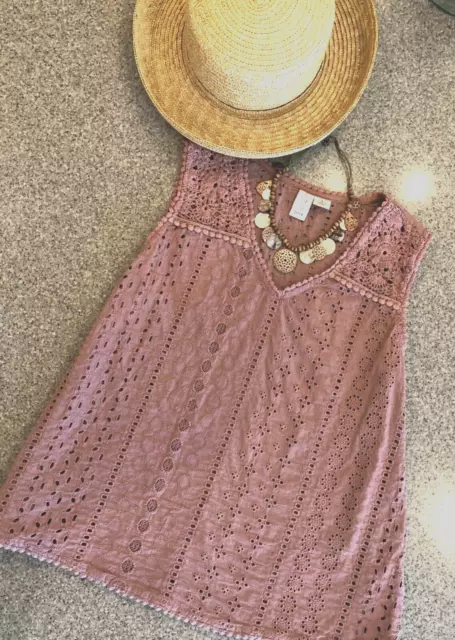 JOIE Dusty Rose Pink Cotton Eyelet Sleeveless V-Neck Tank Top Sz S