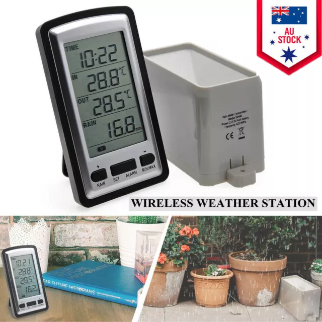 Wireless Weather Station Thermometer LCD Digital Alarm Clock Rain Gauge Meter