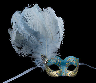 Mask from Venice Blue Golden Colombine IN Feathers Ostrich Paper Mache 22520