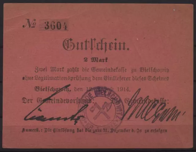 [18594] - Notgeld BIELSCHOWITZ (heute: Ruda Śląska), Gemeinde, 2 Mark, 12.08.191