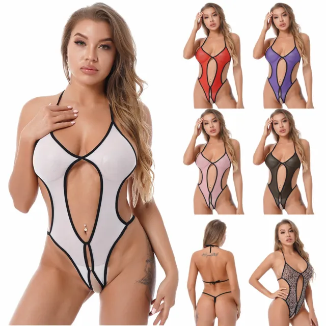 UK Women Bodysuit Sexy Hollow Out Lingerie Crotchless Halter Babydoll Nightwear