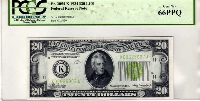 Fr.2054-K 1934 $20 Dallas Federal Reserve Note Light Green Seal PCGS GEM 66 PPQ