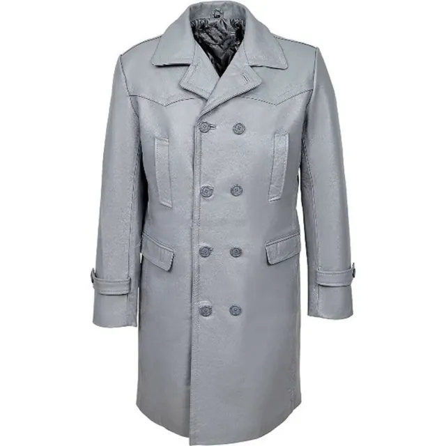 Men Genuine Lambskin Real Leather Short Trench Coat Classic Gray Jacket