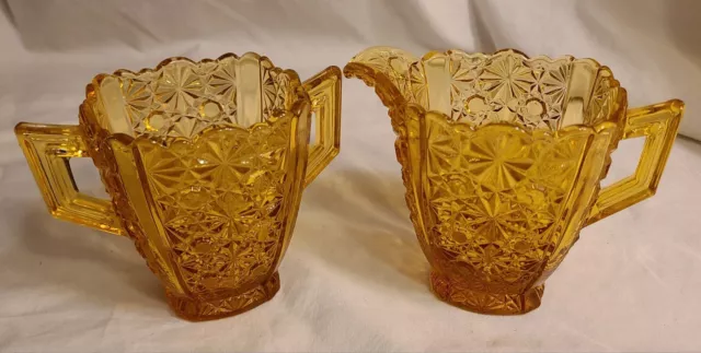 Vintage Fenton Amber Glass Daisy & Button Creamer and Sugar Bowls Set