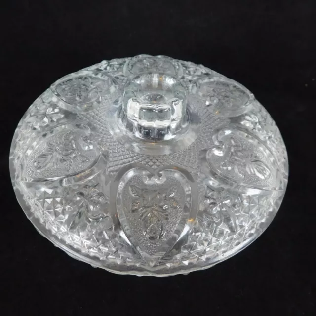 KIG Malaysia Clear Pressed Glass Candy Dish with Lid Hearts Roses 7 inches wide