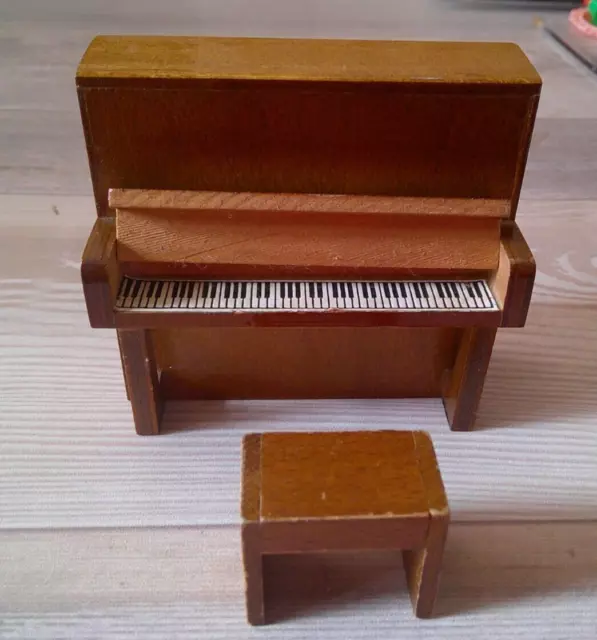 dolls house furniture vintage wooden Lundby upright piano and stool 1/16th